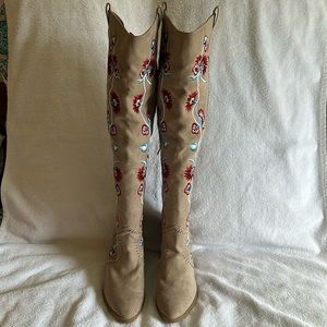 Carlos by Carlos Santana Tan Over the Knee Boots with Red and Blue Embroidery